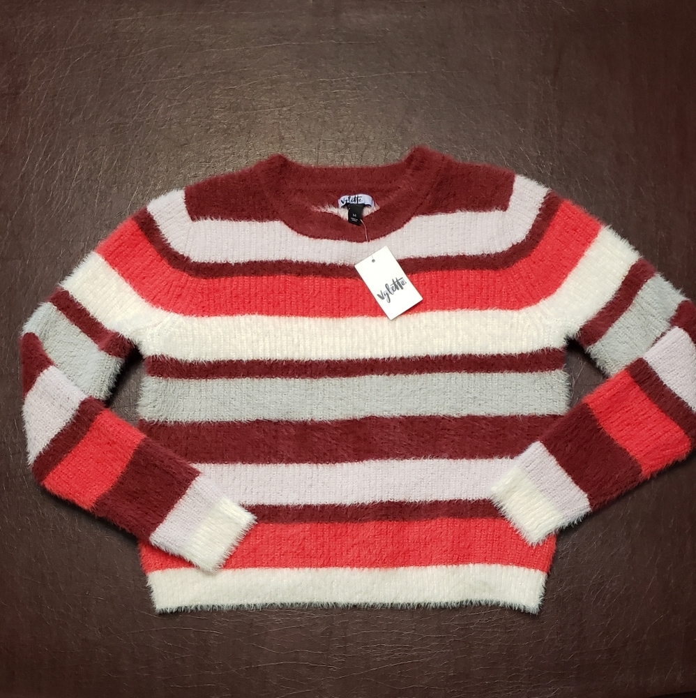 Vylette Cherry Stripe Eyelash Sweater, Juniors Med